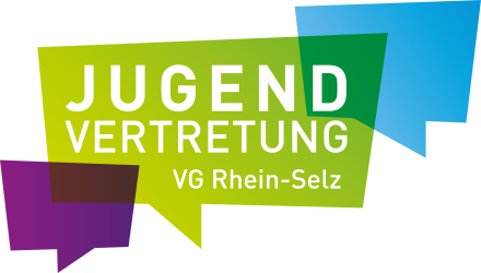 Links unten: lila Sprechblase ohne Inhalt. Mitte: hellgrüne Sprechblase mit der Inschrift "Jugendvertretung VG Rhein-Selz". Rechts oben: hellblaue Sprechblase ohne Inhalt.