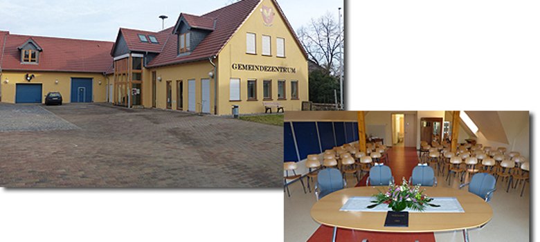 Links oben: Blick auf das Gemeindezentrum in Hahnheim. Rechts unten: Blick in das Trauzimmer im Gemeindezentrum.