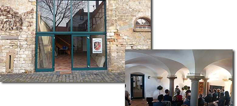 Links  oben: Blick auf den Eingang des Heimatmuseums in Undenheim. Rechts Unten: Blick ins Trauzimmer im Heimatmuseum.