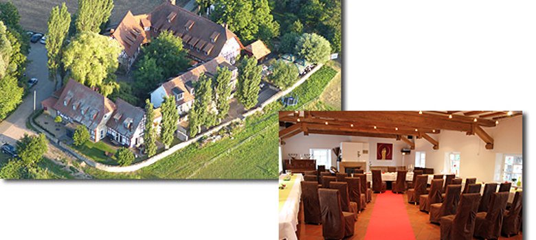 Links oben: Luftbild Jordan´s Untermühle in Köngernheim. Rechts unten: Blick ins Trauzimmer der Untermühle.