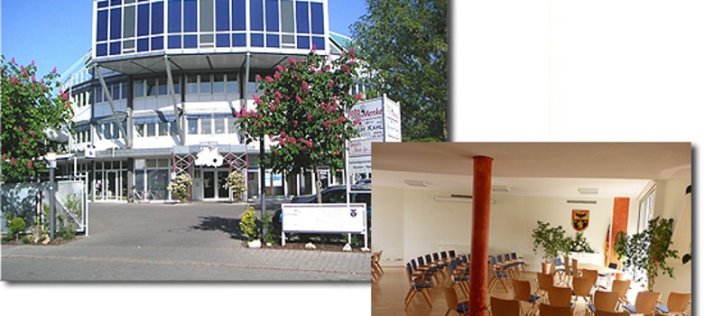 Links oben: Blick auf das Verwaltungsgebäude "Rondo" in Oppenheim. Rechts unten: Blick in das Trauzimmer im Ratssaal der Verbandsgemeinde Rhein-Selz.