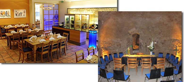 Links oben: Blick in den Gastraum des Weinhaus Völker in Oppenheim. Rechts unten: Blick ins Trauzimmer im Kellergewölbe des Weinhaus Völker.