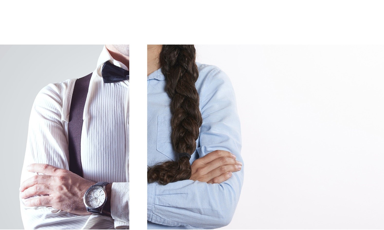 Links ein Mann mit Krawatte. Rechts eine Frau mit Bluse