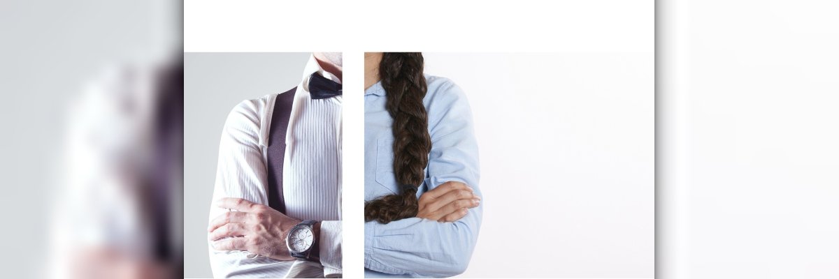 Links ein Mann mit Krawatte. Rechts eine Frau mit Bluse